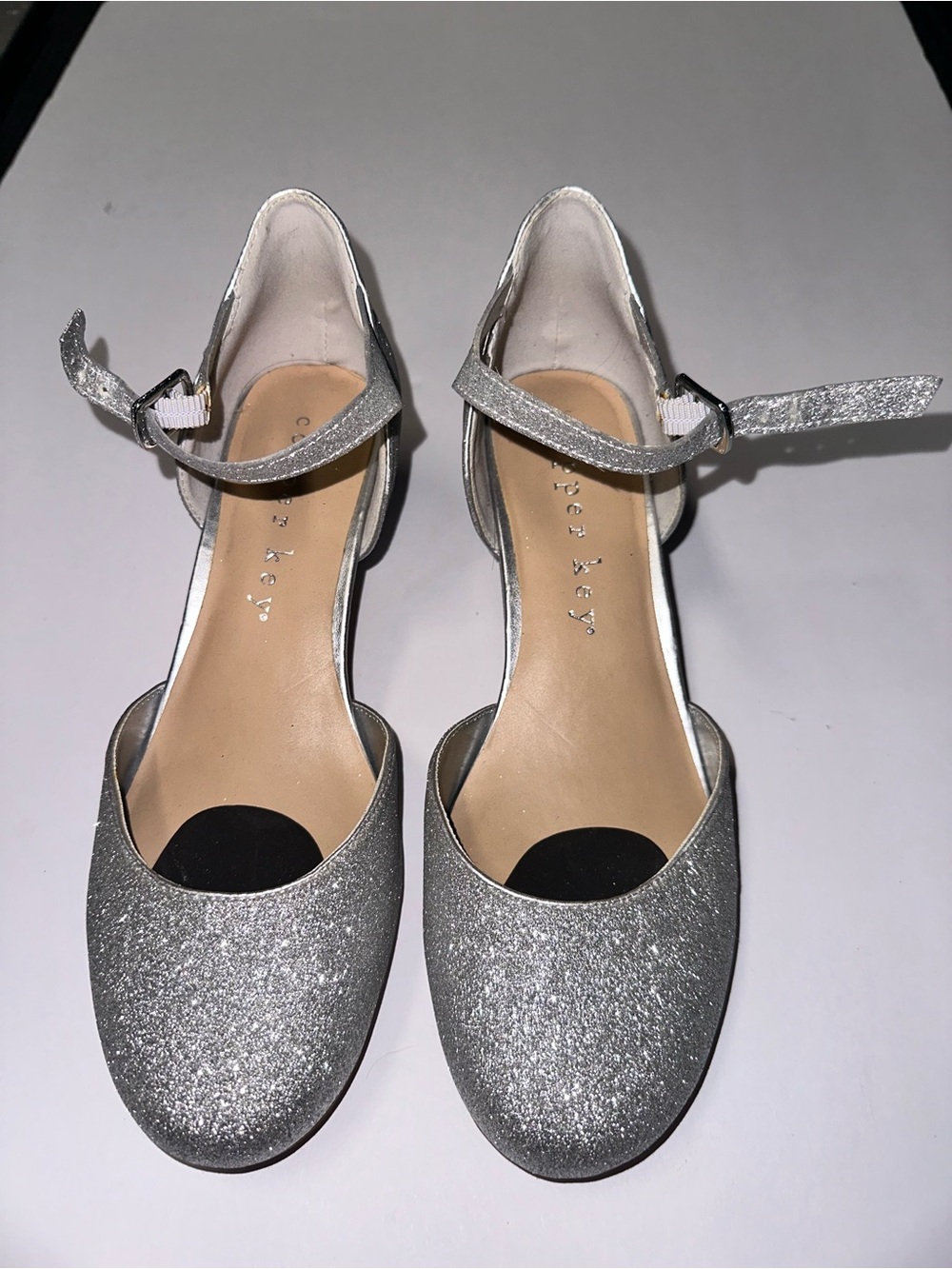 Copper Key Silver Glitter Ankle-Strap Kids Dress Shoes